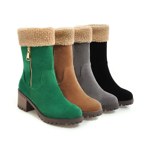 Women's Suede Stitching Side Zippers Block Heel Short Boots