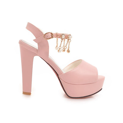 Women's Ankle Strap Chains Pearls High Heel Platform Sandals