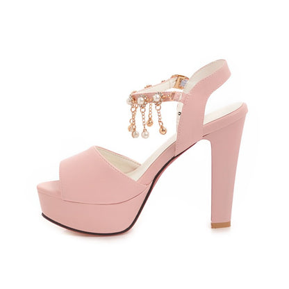 Women's Ankle Strap Chains Pearls High Heel Platform Sandals