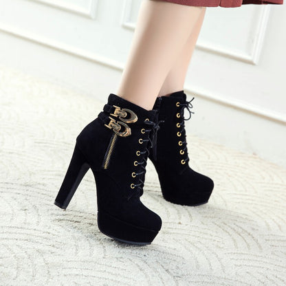 Women's Zip Lace Up Platform High Heel Short Boots