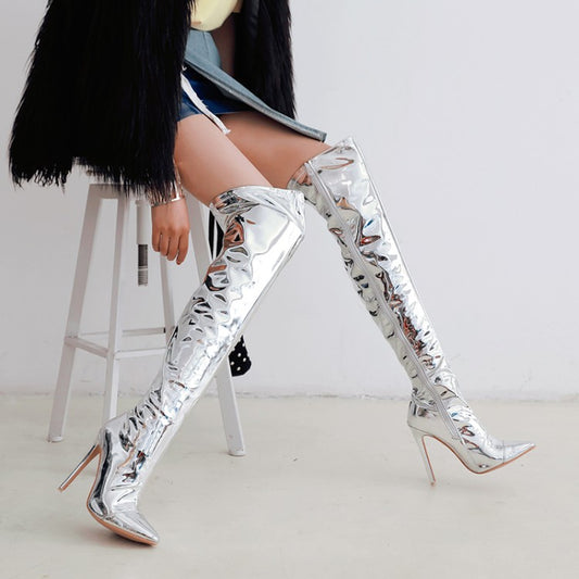 Women's Patent Leather Pointed Toe Side Zippers Stiletto Heel Over the Knee Boots
