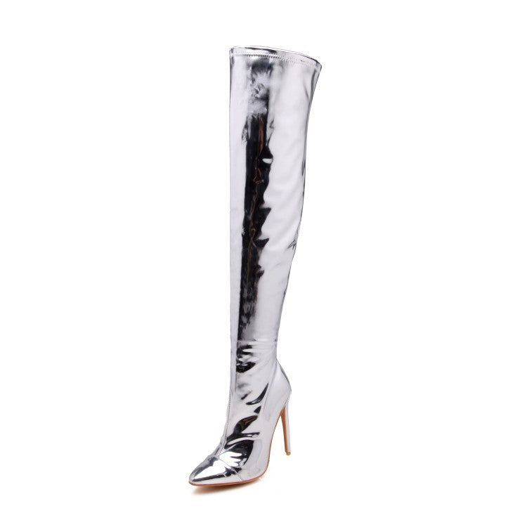 Women's Patent Leather Pointed Toe Side Zippers Stiletto Heel Over the Knee Boots
