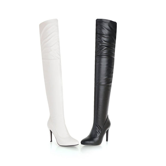 Women's Pu Leather Pointed Toe Stitching Stiletto Heel Over the Knee Boots