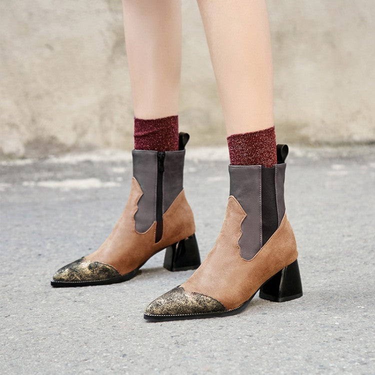 Women's Metal Pointed Toe Bicolor Block Chunky Heel Punk Short Boots