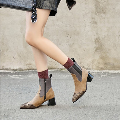 Women's Metal Pointed Toe Bicolor Block Chunky Heel Punk Short Boots