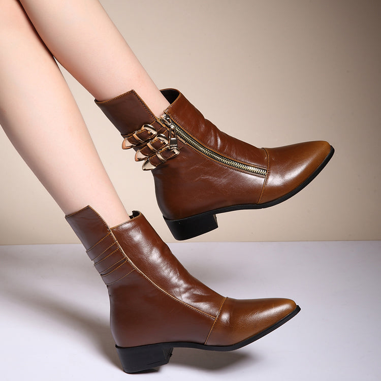 Women's Pointed Toe Buckle Belt Low Heels Short Boots