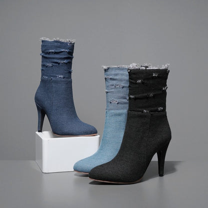 Women's Pointed Toe Denim High Heels Short Boots