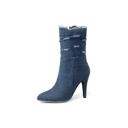 Women's Pointed Toe Denim High Heels Short Boots