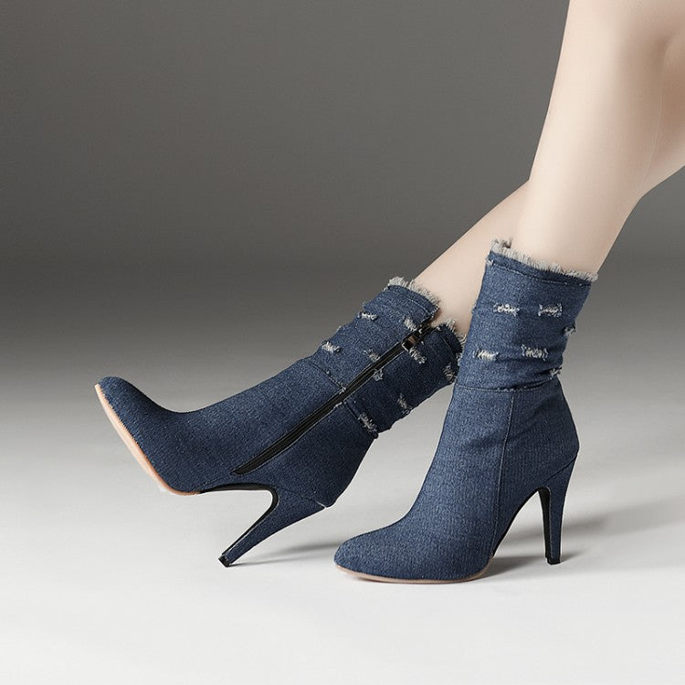 Women's Pointed Toe Denim High Heels Short Boots