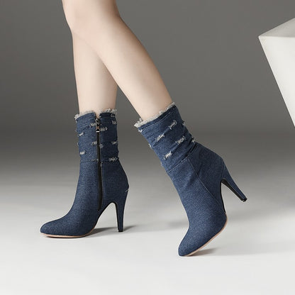 Women's Pointed Toe Denim High Heels Short Boots