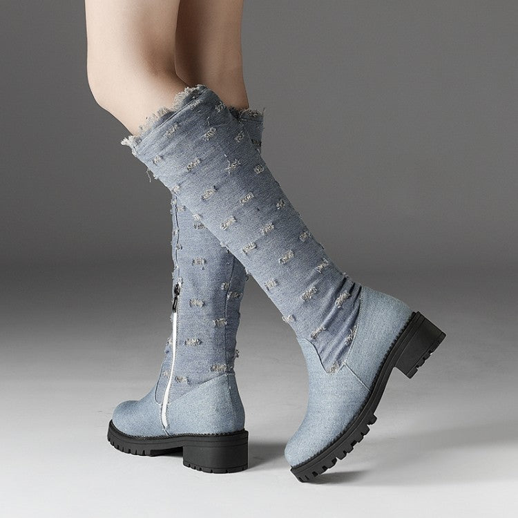 Women's Denim Mid Heel Knee High Boots