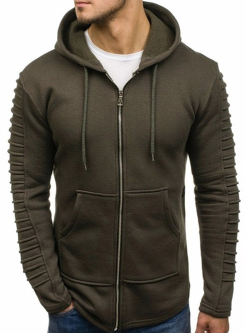 Men's Solid Color Sleeve Pleated Pocket Full Zipper Fleece Hoodie