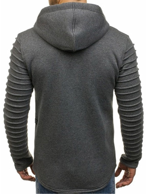 Men's Solid Color Sleeve Pleated Pocket Full Zipper Fleece Hoodie