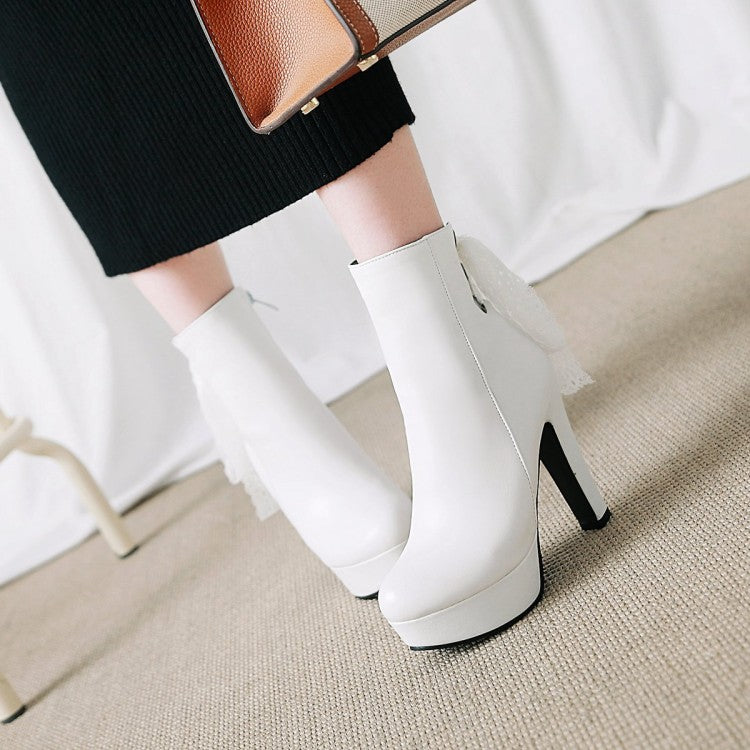 Women's Pu Leather Back Tied Lace Chunky Heel Platform Short Boots