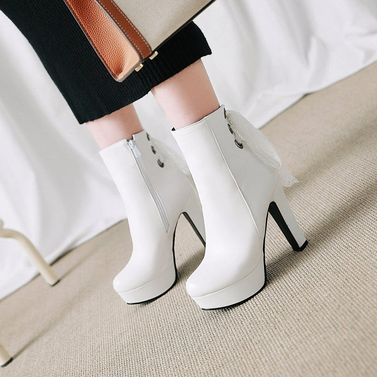 Women's Pu Leather Back Tied Lace Chunky Heel Platform Short Boots