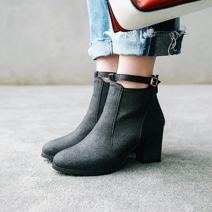 Women's Round Toe Stitching Patchwork Block Heel Short Boots