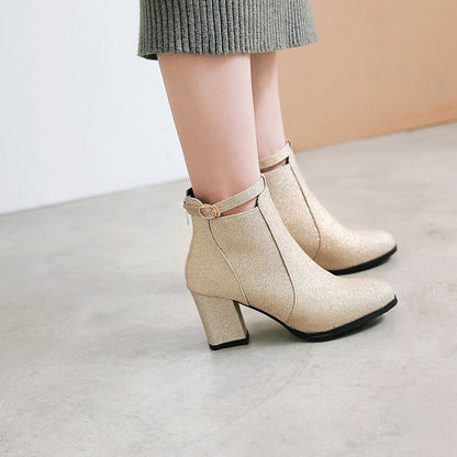 Women's Round Toe Stitching Patchwork Block Heel Short Boots