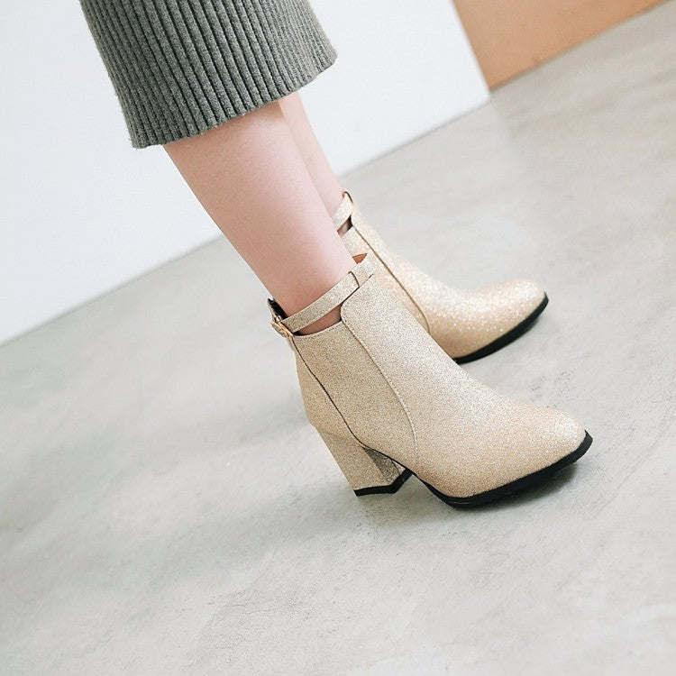 Women's Round Toe Stitching Patchwork Block Heel Short Boots