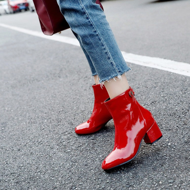 Women Patent Leather High Heels Short Boots Shoes Woman