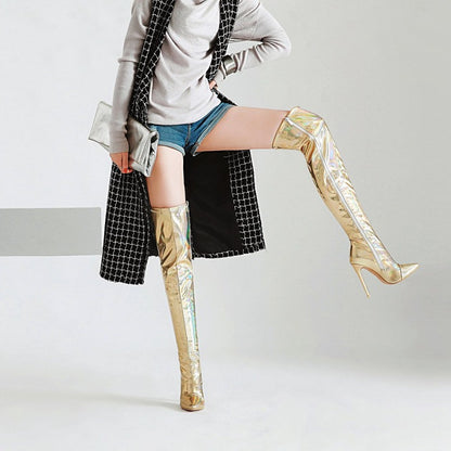 Women's Bling Bling Pointed Toe Side Zippers Stiletto Heel Over the Knee Boots