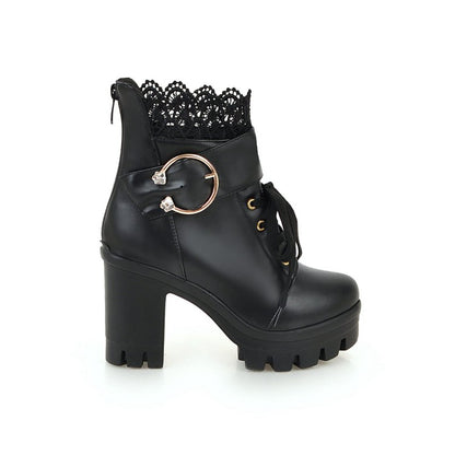 Women's Lace Up Buckles Lace Chunky Heel Platform Ankle Boots