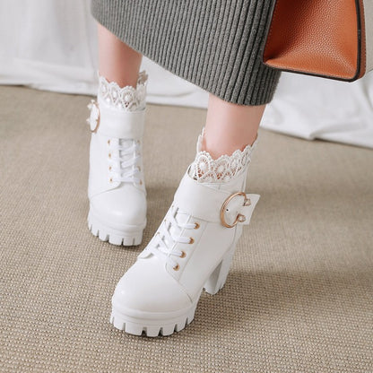 Women's Lace Up Buckles Lace Chunky Heel Platform Ankle Boots