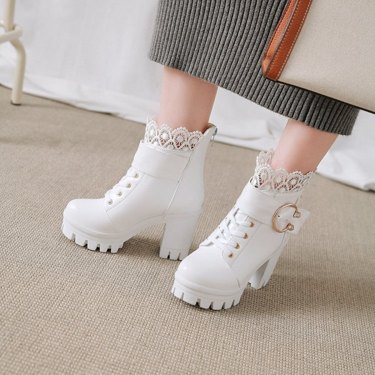 Women's Lace Up Buckles Lace Chunky Heel Platform Ankle Boots