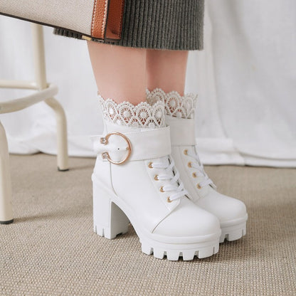 Women's Lace Up Buckles Lace Chunky Heel Platform Ankle Boots