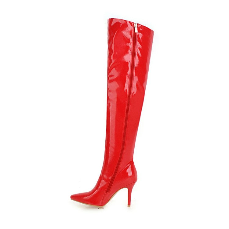 Women's Patent Leather Pointed Toe Stitching Over the Knee Stiletto Heel High Boots