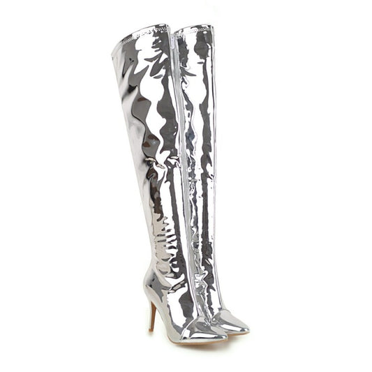 Women's Patent Leather Pointed Toe Stiletto Heel Over the Knee Boots