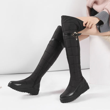 Women's Leather Waterproof Rhinestones Wedge Heels Down Over the Knee Boots for Winter