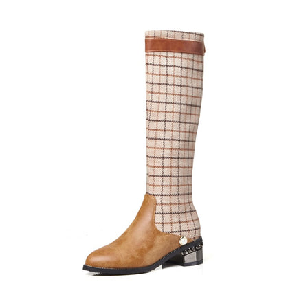 Women's Lattice Patchwork Puppy Heel Knee High Boots