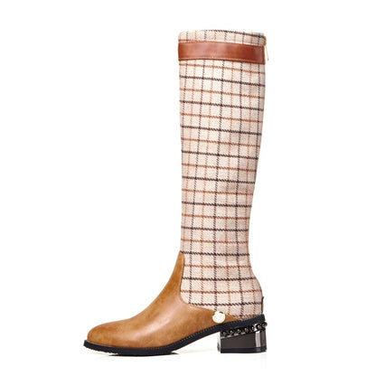 Women's Lattice Patchwork Puppy Heel Knee High Boots