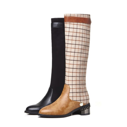 Women's Lattice Patchwork Puppy Heel Knee High Boots