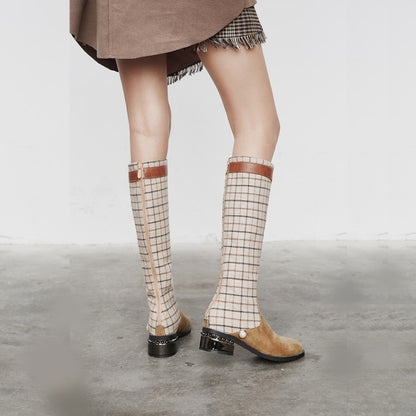 Women's Lattice Patchwork Puppy Heel Knee High Boots