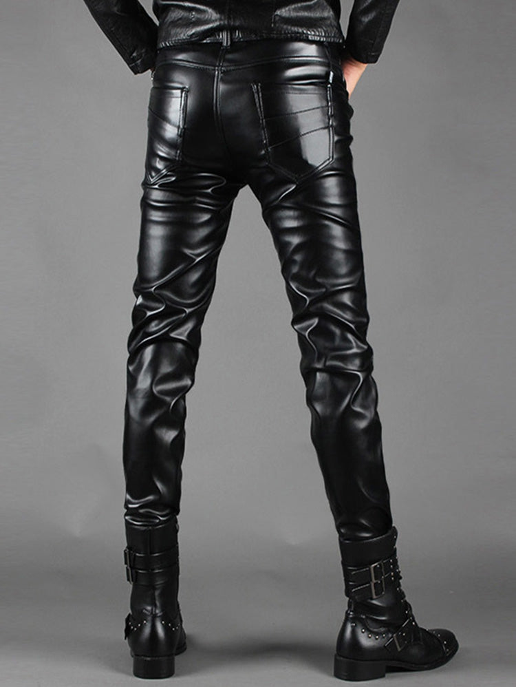 Men's Slim Fit Multi Zip Embellished PU Leather Pants