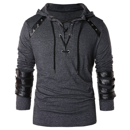 Men's Faux Leather Lace Up Pu Panel Hoodie