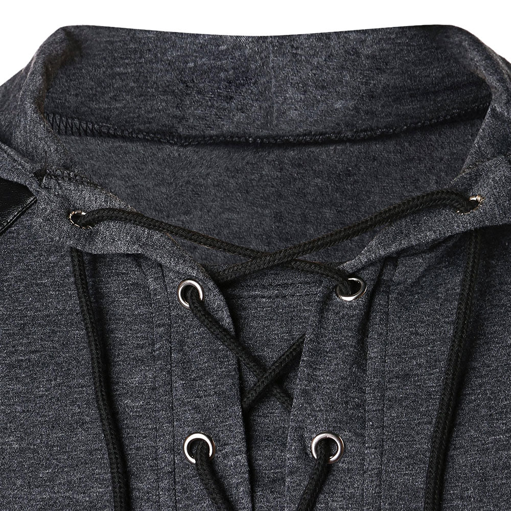 Men's Faux Leather Lace Up Pu Panel Hoodie