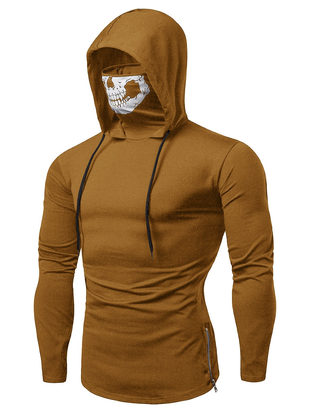 Men's Solid Color Zipper Drawstring Skull Mask Hoodie