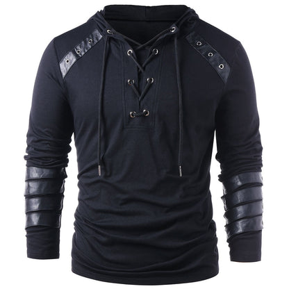 Men's Faux Leather Lace Up Pu Panel Hoodie