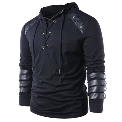 Men's Faux Leather Lace Up Pu Panel Hoodie