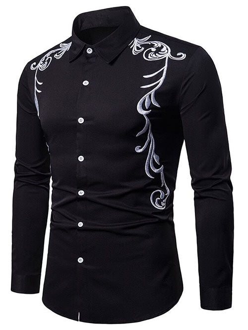 Men's Long Sleeved Contrast Leaves Embroidery Shirt