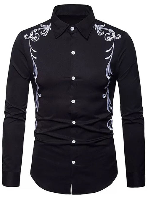 Men's Long Sleeved Contrast Leaves Embroidery Shirt