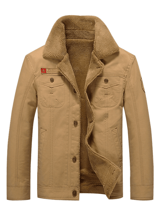 Men's Solid Color Appliques Button Up Plush Jacket Coat