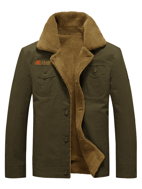 Men's Solid Color Appliques Button Up Plush Jacket Coat
