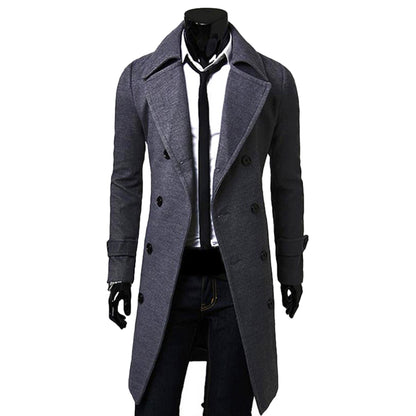 Men's Solid Long Woolen Coat Casual Business Jacket Outwear