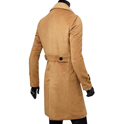 Men's Solid Long Woolen Coat Casual Business Jacket Outwear