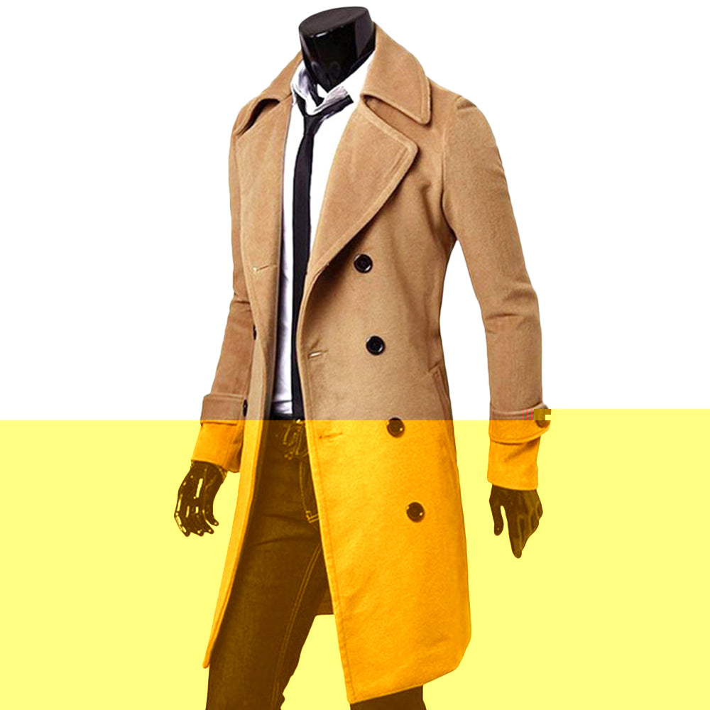 Solid Color Long Woolen Coat Casual Business Jacket Outwear for Men
