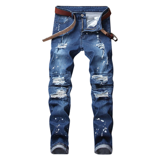Worn-out Hole Mid Waist Slim Leg Zipper Fashion Men's Jeans