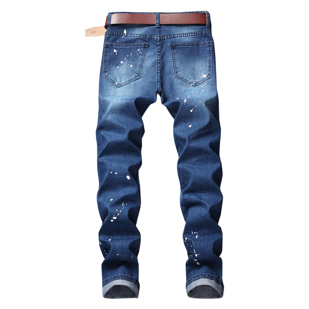 Worn-out Hole Mid Waist Slim Leg Zipper Fashion Men's Jeans